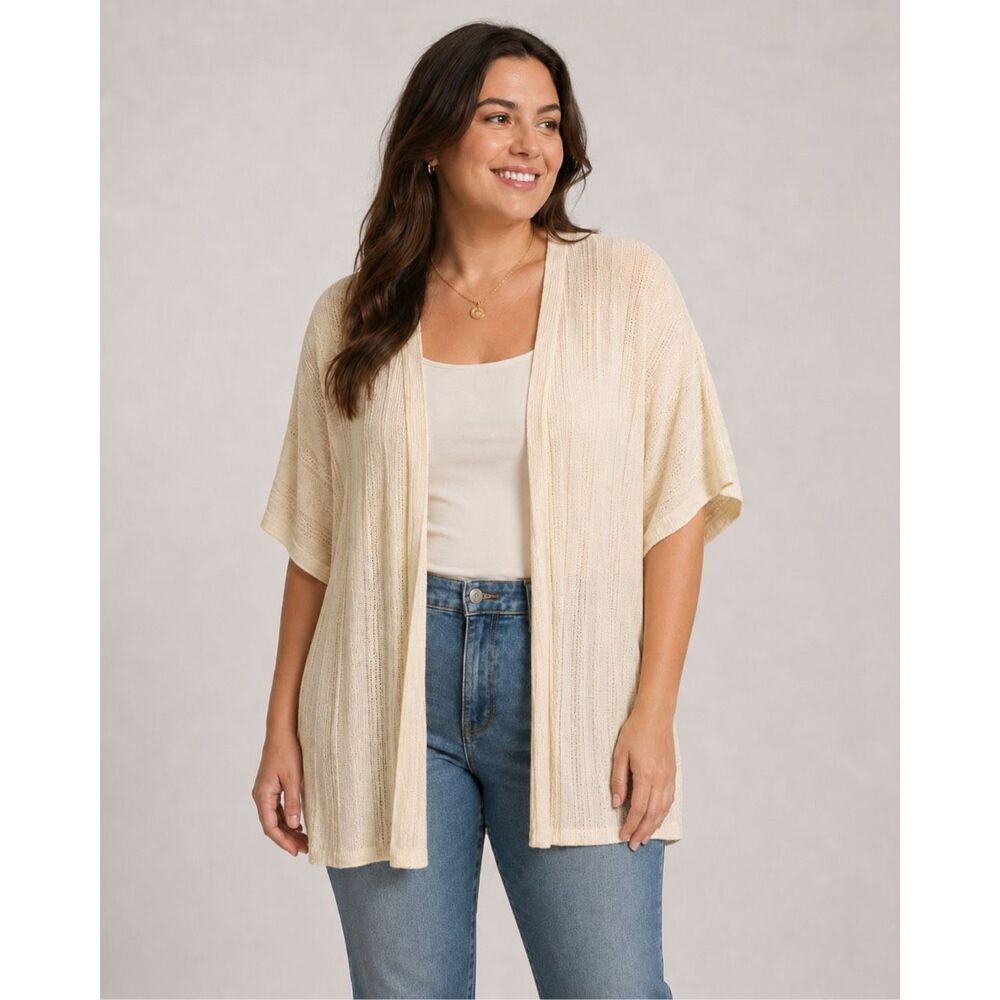 Joie Linen Blend Cream Short Sleeve Open Knit Flowy Cardigan Large Boho  #800